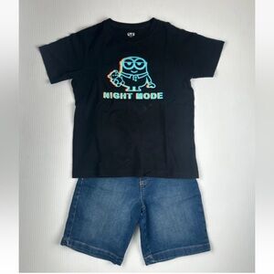 Lot of 2 Boys Sz S 6-7 Uniqlo Black Minions Short Sleeve Shirt & 365 Jean Shorts